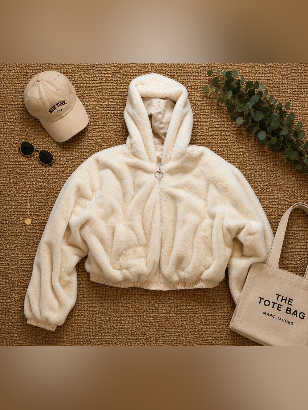 H&M Divided Reversible Teddy Fleece Hooded Jacket Cream Cropped Zip Women’s M - Picture 1 of 12